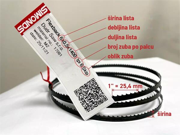 Etiketa na listu tračne pile Simonds: širina × debljina × duljina (6 × 0,5 × 1400 mm), broj zuba po palcu i oblik zuba (6 Skip), pokraj QR kod za ponovnu narudžbu.